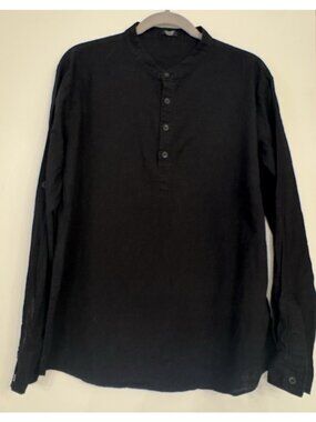 COOFANDY Shirt Mens Medium Black Cotton Hemp Roll Tab Sleeve Henley Casual Light